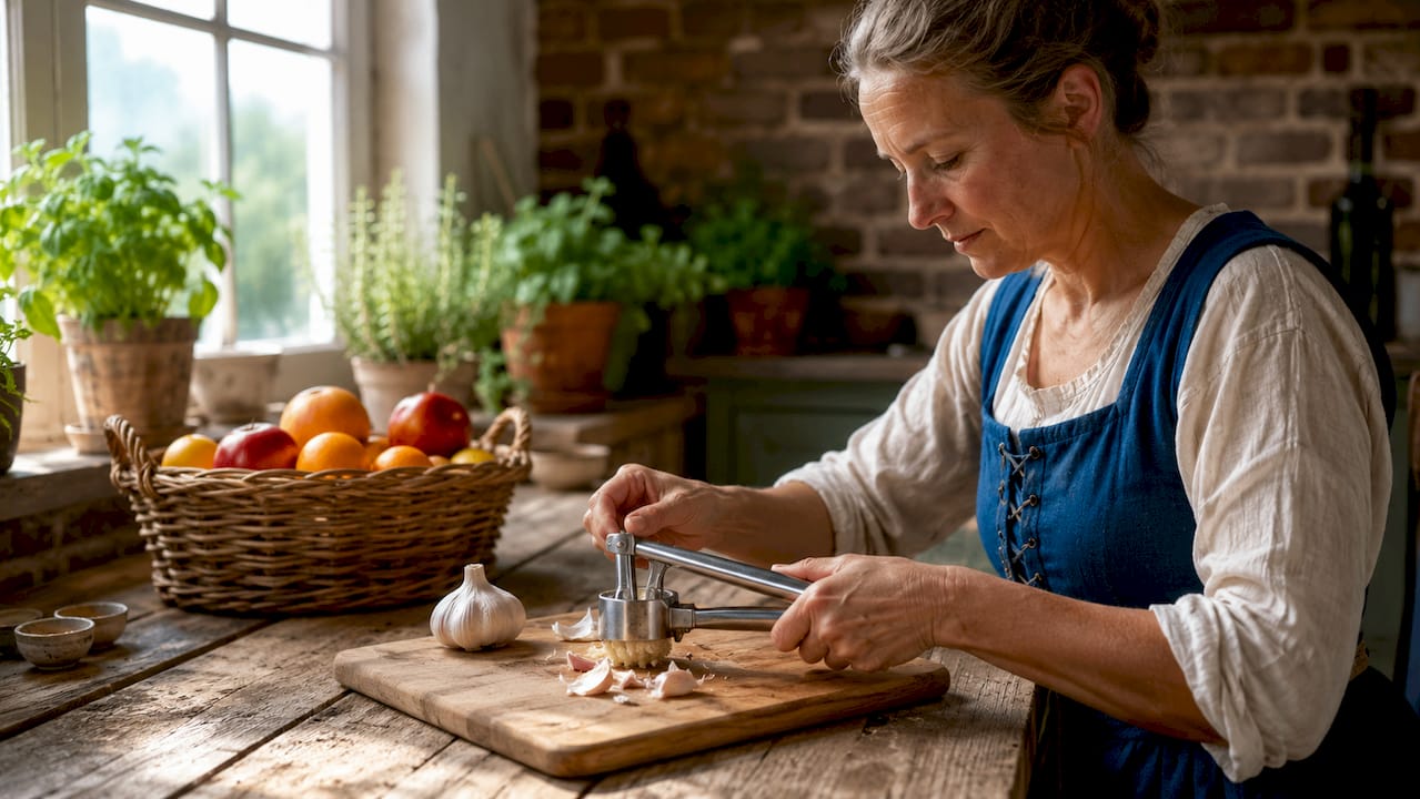 Eine Frau presst frischen Knoblauch in ihrer Küche.