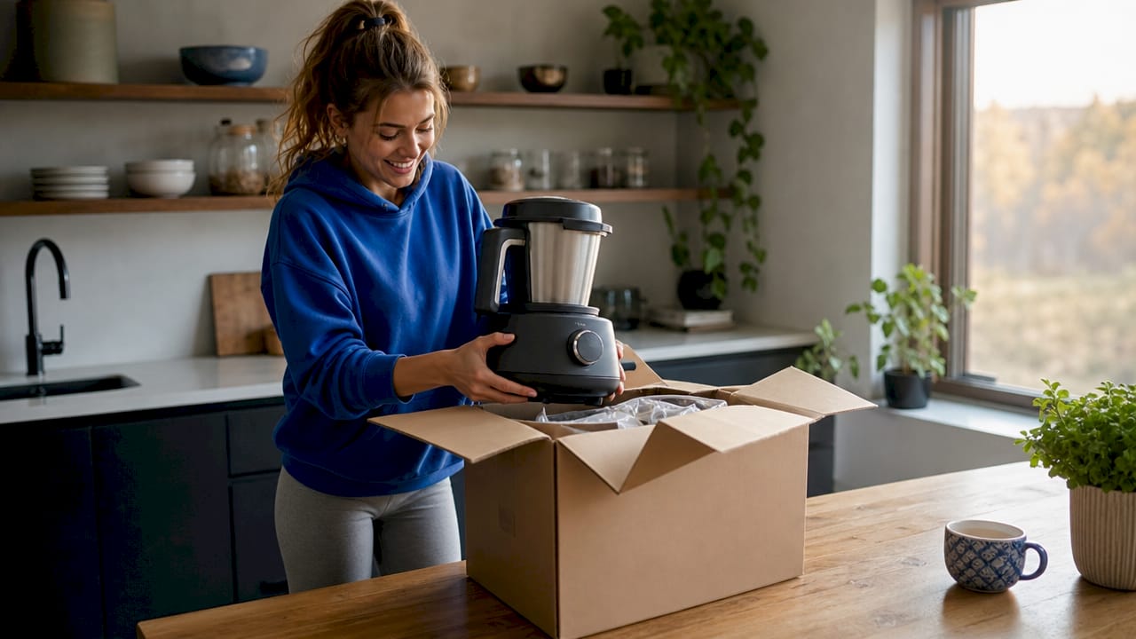 Eine Frau packt gerade in ihrer Küche eine neue Küchenmaschine aus.