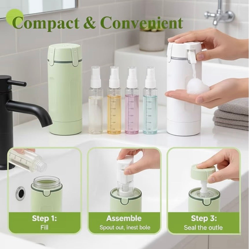 TravelFlow™ 4-in-1 Reiseflasche – Kompakter Kulturbeutel-Spender in Weiß